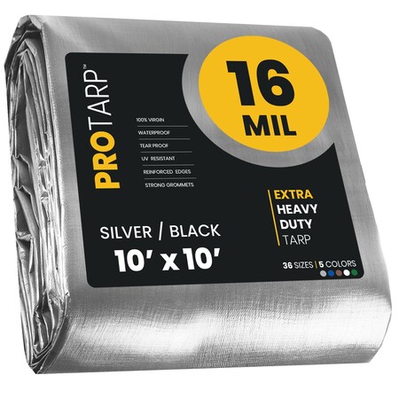 Protarp Heavy Duty Tarp, 10 ft x 10 ft, 16 Mil, Silver/Black, Polyethylene, Waterproof, Rip and Tear Proof PT-101-10X10